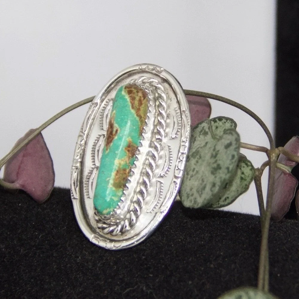 Vintage Navajo Sterling Silver Turquoise Stamped Oval Ring, Size 6.5 Hallmarked